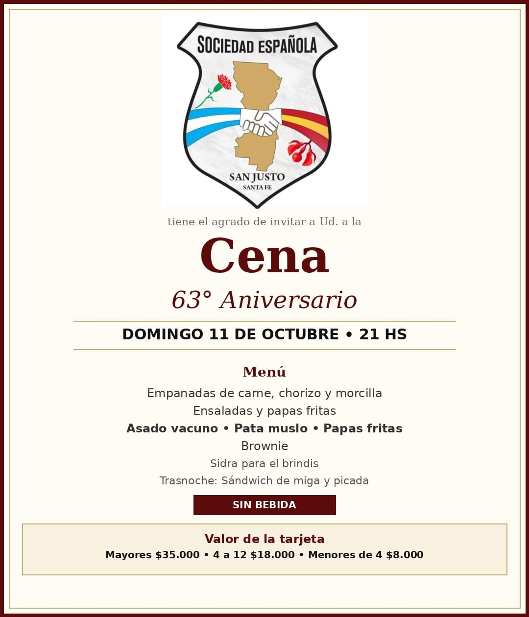 CENA POR EL 63º ANIVERSARIO DE LA SOCIEDAD ESPAÑOLA