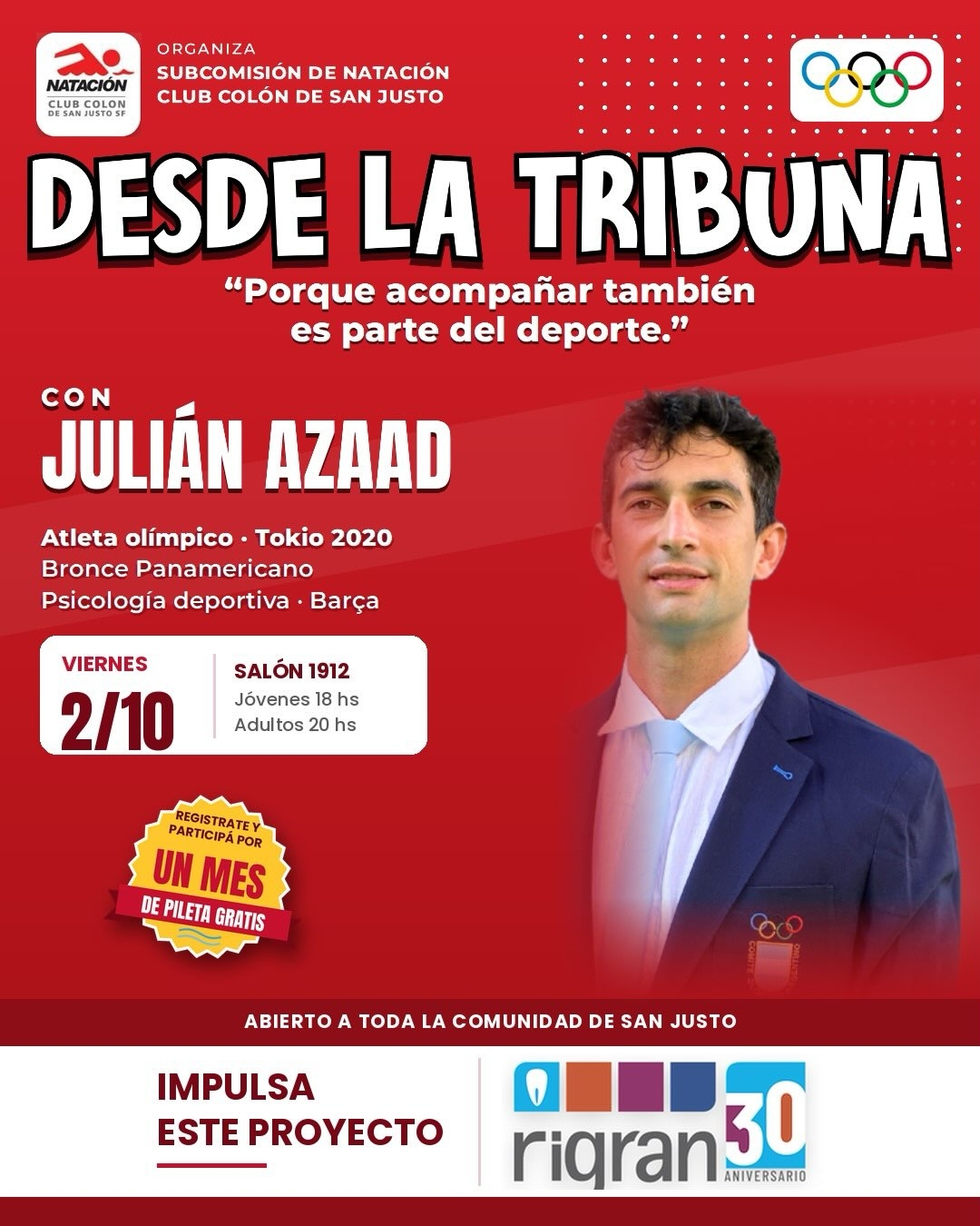 “Desde la tribuna”, una jornada con el atleta olímpico Julián Azaad en Club Colón