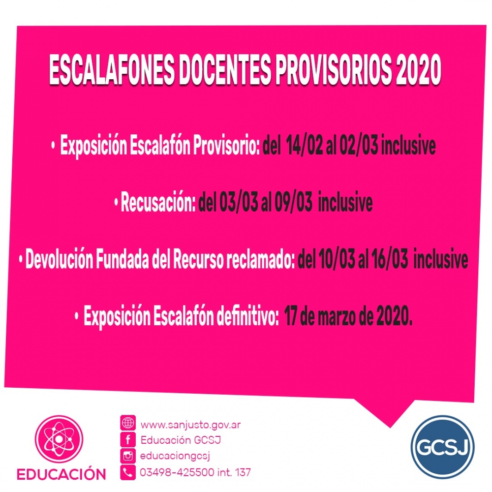 ESCALAFONES DOCENTES PROVISORIOS 2020 Y CRONOGRAMA DE RECUSACIÓN Y EXPOSICIÓN DEFINITIVA.