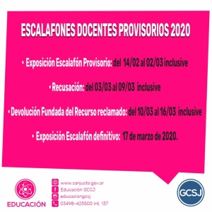 ESCALAFONES DOCENTES PROVISORIOS 2020 Y CRONOGRAMA DE RECUSACIÓN Y EXPOSICIÓN DEFINITIVA.