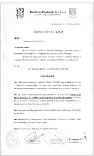 MUNICIPALIDAD DE SAN JUSTO LICITACIÓN PÚBLICA Nº 01/2025.
