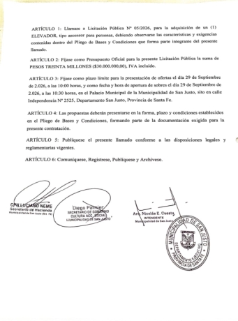  MUNICIPALIDAD DE LA CIUDAD DE SAN JUSTO, LICITACIÓN PÚBLICA Nº 05/2026.